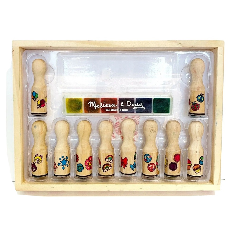 Melissa and Doug Wooden Rubber Stamp Set of 10 Rainbow Cupcake Cat Ladybug Sun